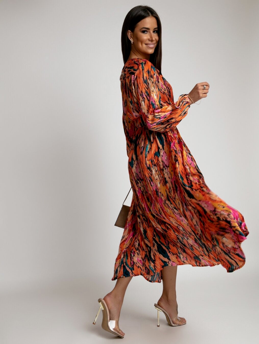 Wendy Orange Multi Print Belted Midi Dress